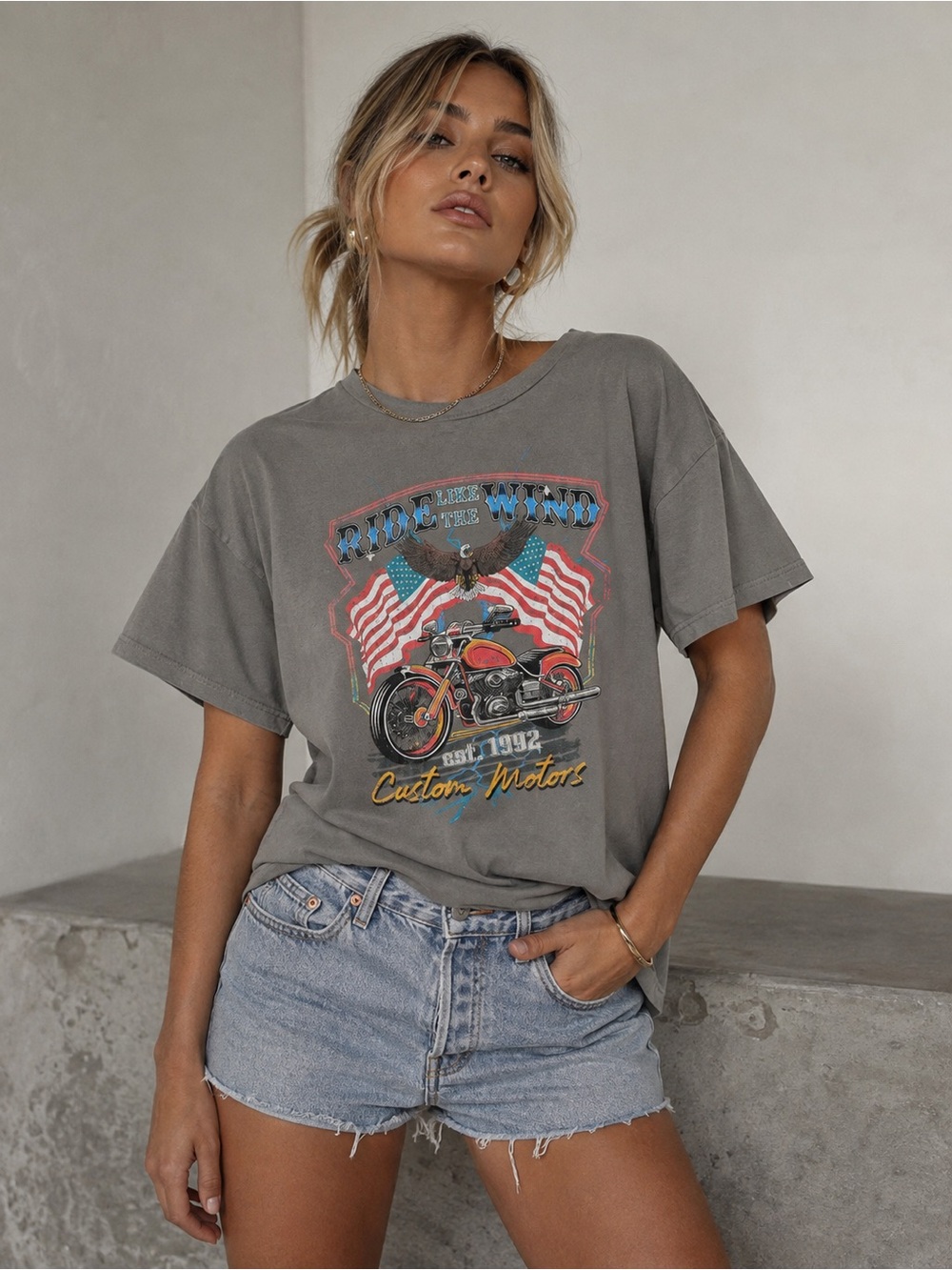 Princess Polly Vintage-Style Gray Graphic Motorcycle Tee Size 8